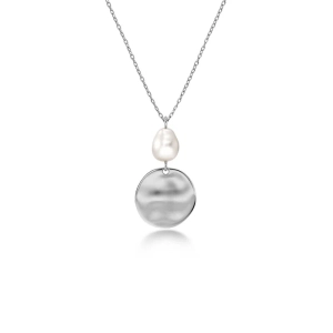 Elegant halsband i rostfritt stål med pärlemorpärla och oregelbundet hänge på facetterad ankarkedja