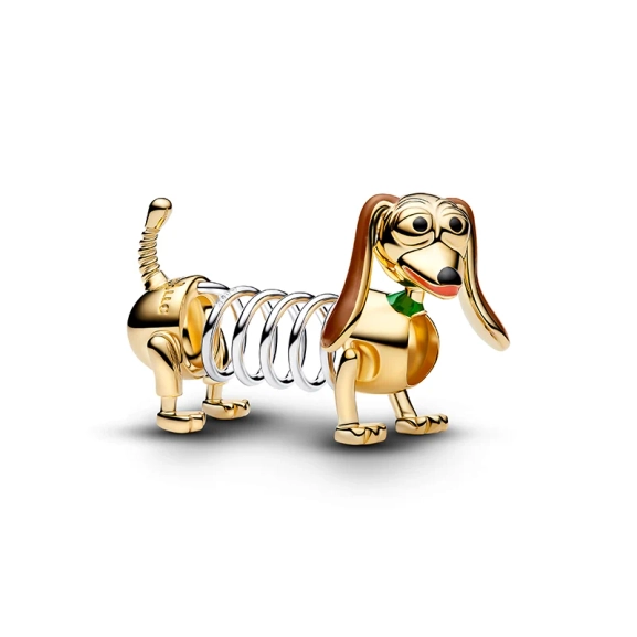 Disney Pixar Toy Story Slinky Dog Charm aus Silber und 14-karätiger Goldplattierung mit Wellendetails und im Labor gezüchtetem Diamanten von Pandora.