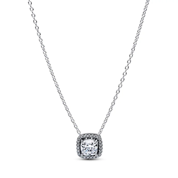 Funkelnde Square Halo-Halskette aus der Pandora Timeless-Kollektion mit Zirkonia-Steinen und aus Silber.