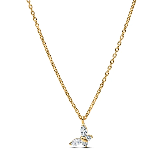 Schmetterlingskette mit 14 Karat Goldbeschichtung und blauen Kristallen. Ein Symbol der Transformation und Freiheit aus der Pandora Timeless Kollektion.