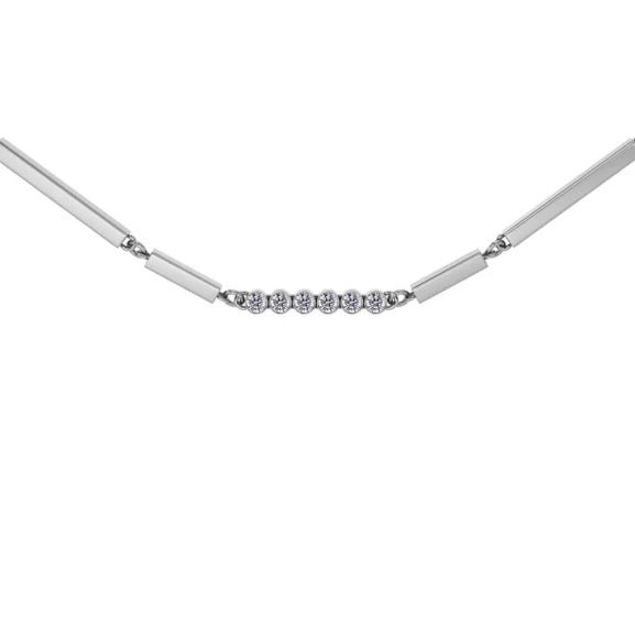 Elegant halsband i polerat stål med arkitektoniska stavar och sex gnistrande cubic zirconia-stenar