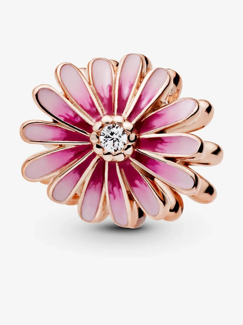 Pandoras rosa Tusensköna Berlock Rosé med handapplicerad rosa emalj och gnistrande kubiska zirkoniastenar. Symboliserar styrka och frihet.