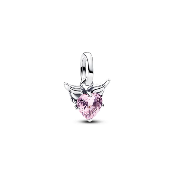 Mini-Anhänger „Geflügeltes Herz“ von Pandora ME mit herzförmigem rosa Kristall und Flügeln. Symbol für Freiheit und individuellen Stil.