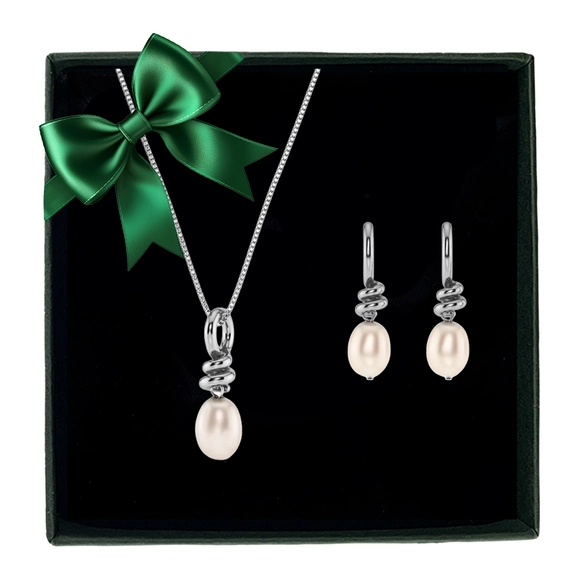 Swivel presentset med halsband och örhängen i blankt stål och droppformade pärlemorpärlor