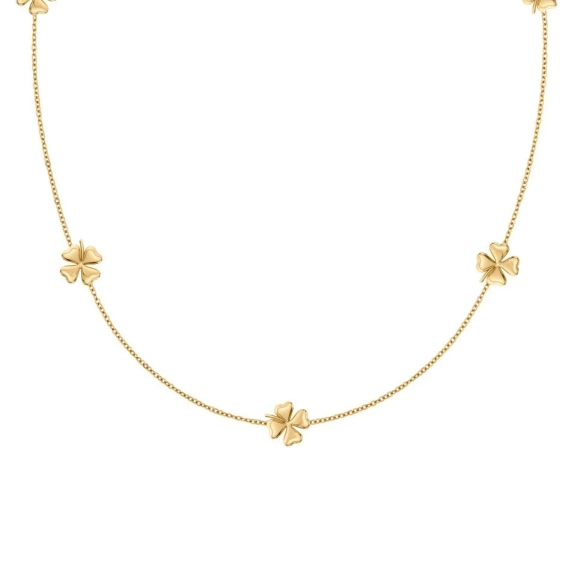 Halsband i 14K guldplätering med fem små stiliserade fyrklöver på kedjan