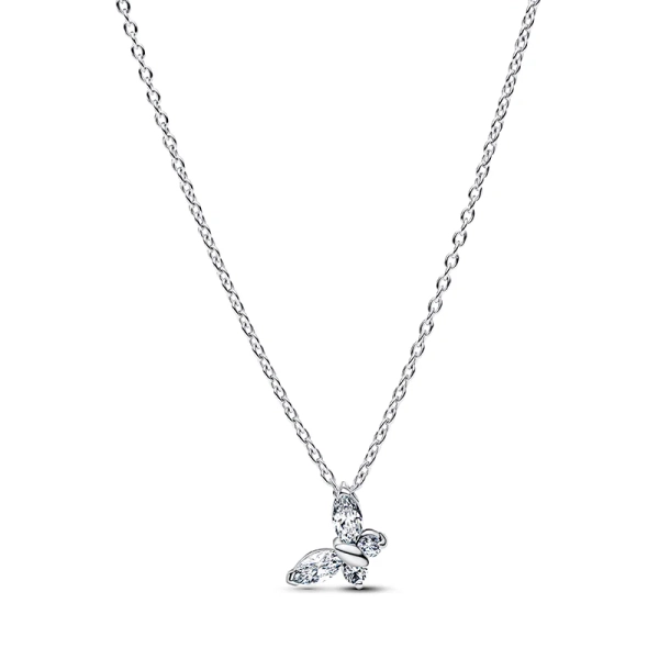 Elegant fjärilshalsband med blå kristaller i sterlingsilver från Pandora Timeless-kollektionen.