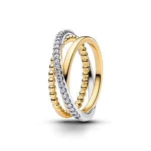 Doppelter Pavé- und Perlenring Gold & Silber von Pandora Signature in Silber- und Goldplattierung mit Zirkonia und Perlendesign.