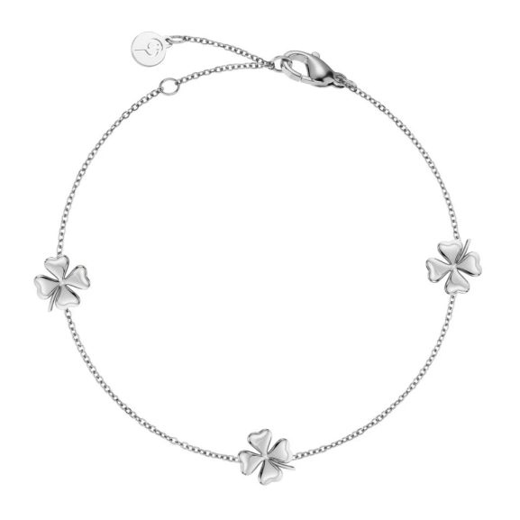 Armband i blankt rostfritt stål med fem stiliserade fyrklöver på tunn kedja