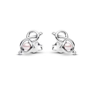 Ohrstecker mit Eternity Knot von Pandora. Elegante Ohrringe aus Sterlingsilber mit rosa Perlen und funkelnden Steinen. Symbolisiert ewige Liebe und Zusammengehörigkeit.