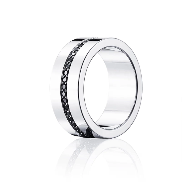 Wide & Black Stars Ring Platinum: bred platina-alliansring med svarta diamanter i mitten