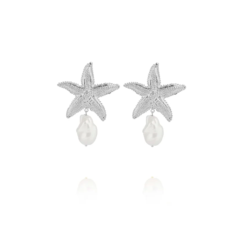Caroline Svedbom - Seastar Statement Earrings Rhodium Pearl