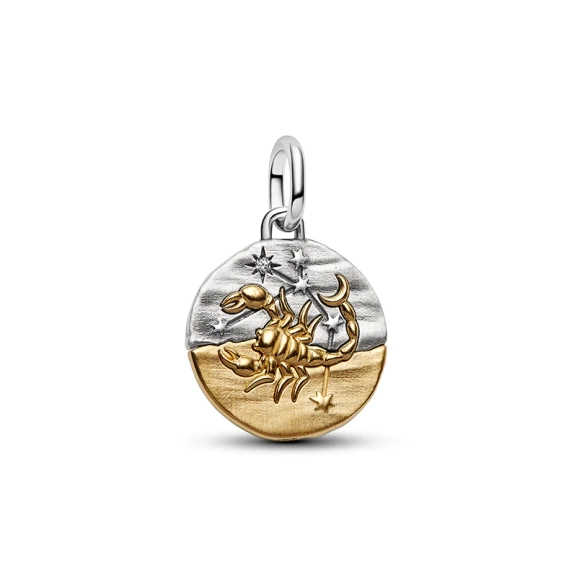 Scorpio Medaillon-Charm von Pandora ME in Silber und Goldplattierung mit einem Skorpionmotiv und dem Text "SCORPIUS".