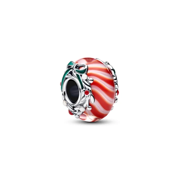 Ein Charm aus Sterlingsilber mit rot-weißem Muranoglas in Form eines köstlichen Bonbons. Ein Symbol der süßen Weihnachtszeit