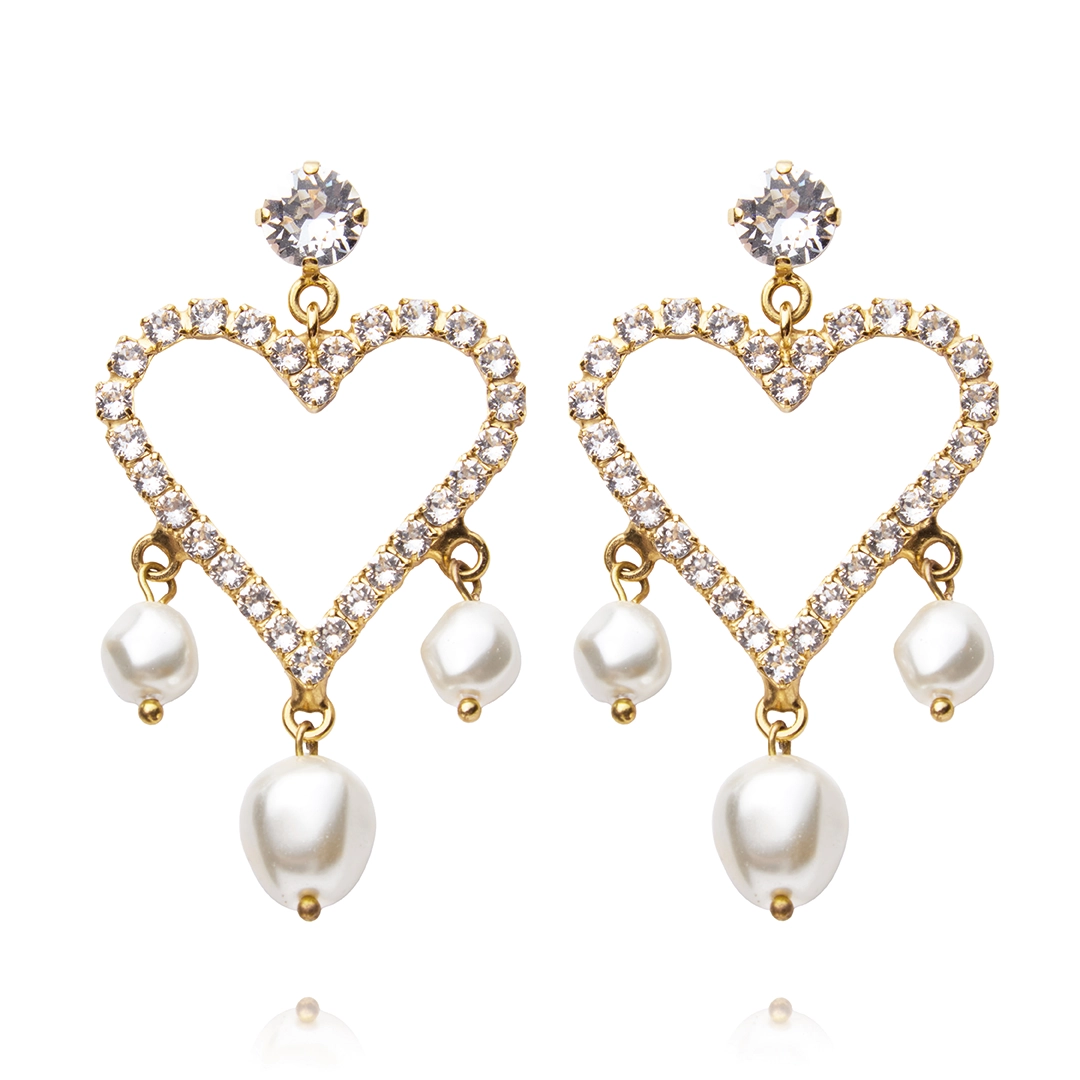 Caroline Svedbom - Heart Pearl Earrings Gold Pearl & Crystal