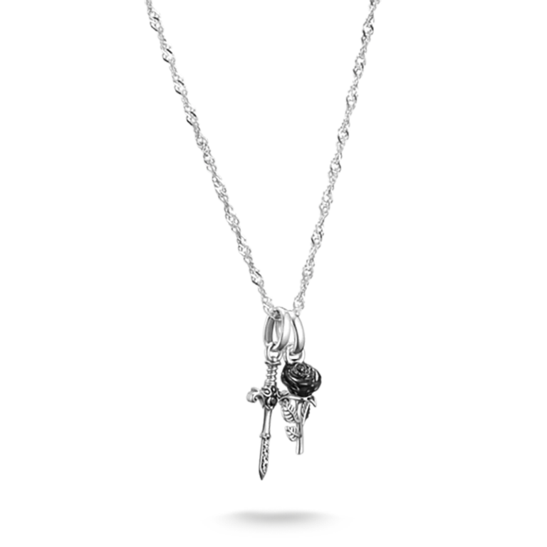 Svärd & Ros True Romance Halsband i återvunnet 925-silver med svart ros och zirkonier