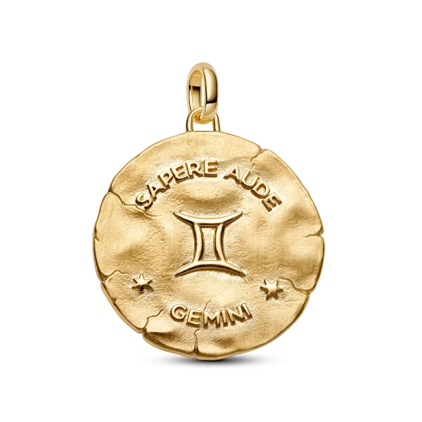 Tvillingarna Medaljong från Pandora ME i silver och 14K guldplätering med gnistrande sten och inskriptionen "SAPERE AUDE".