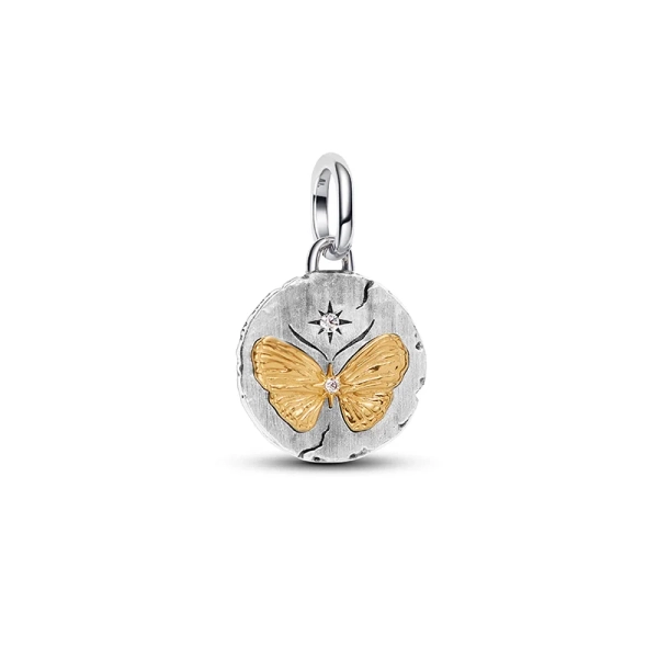 Pandoras Schmetterlingsmedaillon aus verschiedenen Metallen mit Zirkonia und lateinischer Inschrift