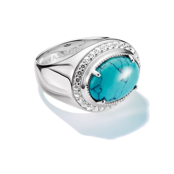 Oval Turkos Ring från Thomas Sabo i återvunnet silver med oval imitationsturkos och gnistrande vita zirkoniastenar.