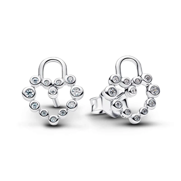 Pandora Moments Ohrringe mit funkelnden Vorhängeschlössern und herzförmigen Steinen aus Sterlingsilber. Ein symbolischer Ausdruck von Liebe und Zusammengehörigkeit.