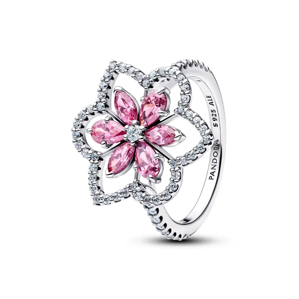 Doppelblumen-Cocktailring aus Silber von Pandora mit rosa und klaren Steinen in Blütenform