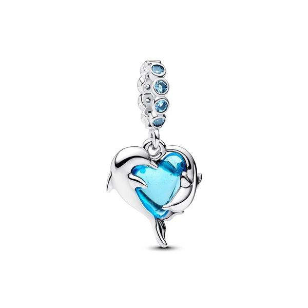 Blå Delfin i Muranoglas Berlock från Pandora med delfiner som dansar runt ett hjärta i sterlingsilver