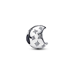 Pandoras Halbmond-Charm aus Sterlingsilber mit funkelnden Steinen und der Aufschrift „THE SKY IS THE LIMIT“. Symbolisiert Potenzial und Möglichkeiten.