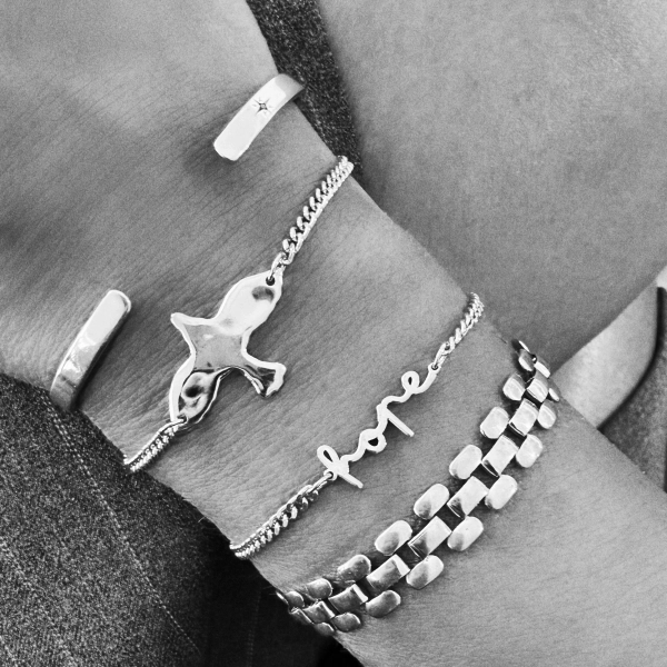 Silberarmband mit Taube und grober Panzerkette