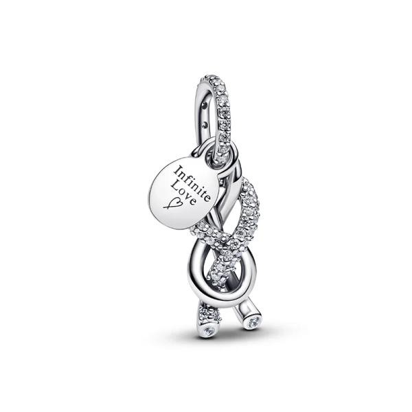 Pandora-Sterlingsilber-Eternity-Knoten-Anhänger mit „Unendliche Liebe“-Charm. Handgefertigt mit funkelnden Steinen auf der Vorder- und Rückseite. Ideales Geschenk