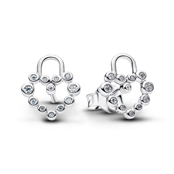 Pandora Moments Ohrringe mit funkelnden Vorhängeschlössern und herzförmigen Steinen aus Sterlingsilber. Ein symbolischer Ausdruck von Liebe und Zusammengehörigkeit.