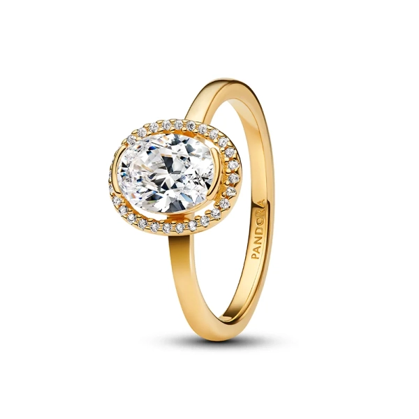 Oval Glittrande Halo Statementring Guld från Pandora Timeless - Förgylld ring med magnifik oval sten omgiven av en glänsande halo av små stenar. Skapa en strålande stil med denna ring!