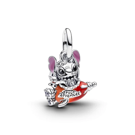 Der Disney Stitch auf einer Weltraumrakete Anhänger von Pandora aus Silber mit farbenfroher Emaille und Zirkonia zeigt den verspielten Stitch.