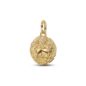 Medallion Lion Charm Gold Pandora ME:ltä leijonakuviolla ja latinalaisella tekstillä "VITA VERITAS VIRTUS". Voiman ja luonteen symboli.