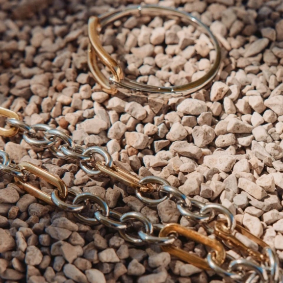 med klickspänne och stilren skena i rostfritt stål.