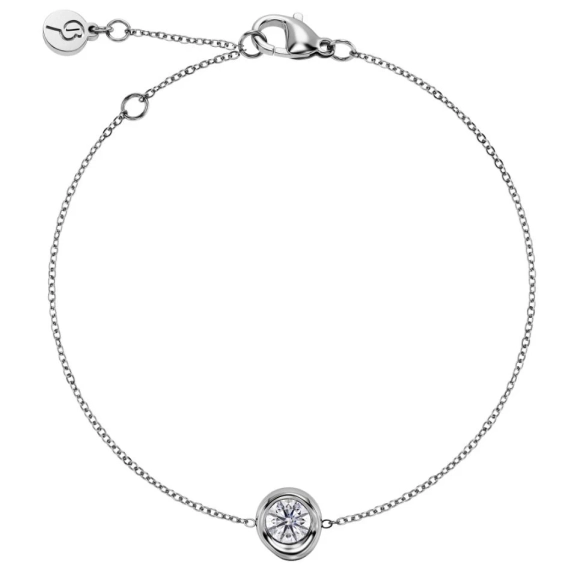 Armband i polerat rostfritt stål med stor gnistrande sten på facettslipad ankarkedja