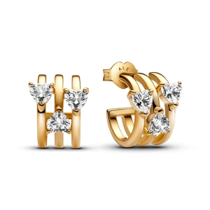 Vergoldete Creolen mit herzförmigen Zirkonia-Steinen. Pandora Timeless-Kollektion. Artikelnummer: 263656C01. Perfekt