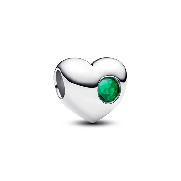 Monatsstein Mai Herz-Charm in Silber mit grünem Kristall und Zirkonia-Steinen. Symbolisiert Liebe