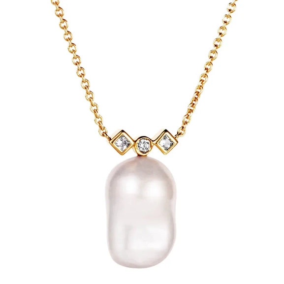Twinkle & Unique Halskette Gold in 18 Karat Gold mit drei Diamanten und einer barocken Süßwasserperle