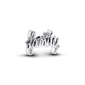 Charm aus Sterlingsilber mit dem handgeschriebenen Wort „family“ und einem funkelnden Zirkonia über dem Buchstaben „i“. Ein Symbol der Liebe und Zusammengehörigkeit aus der Pandora Moments Kollektion.