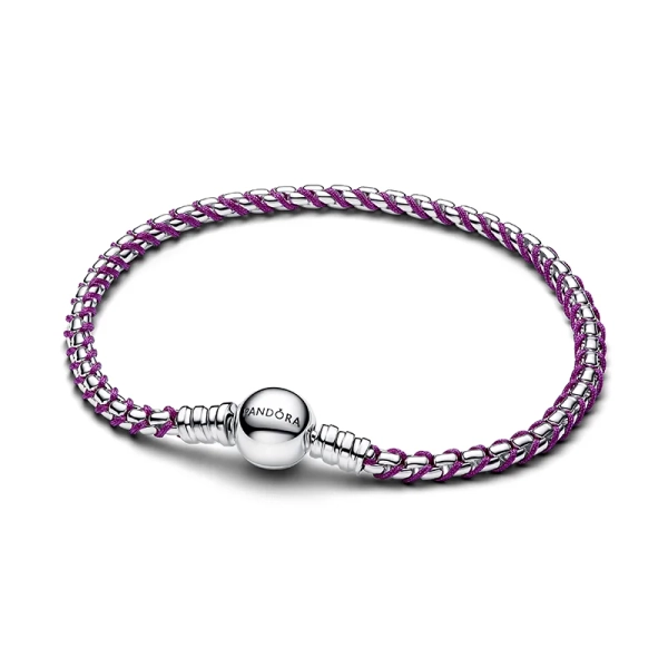 Pandora Moments Geflochtenes Armband Lila mit lila Textilkordel und glänzendem Sterlingsilber