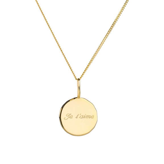 Je T'aime Coin Gold-halsband i 18K guldförgylld mässing med runt hänge graverat "Je t’aime"