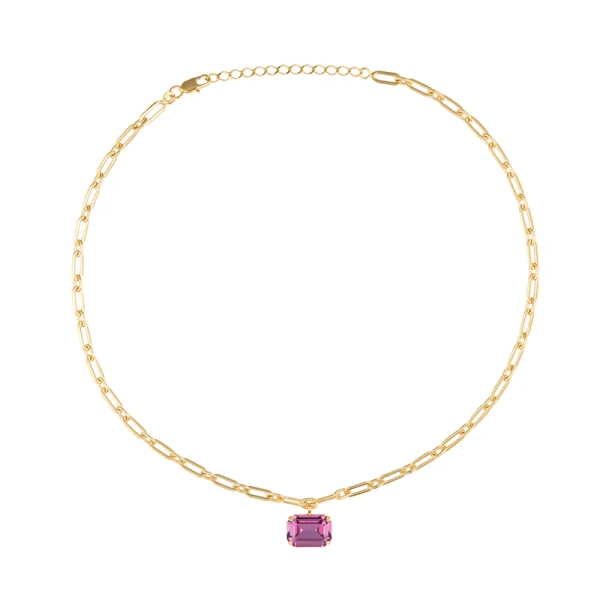 Guldpläterat halsband med justerbar kedja och en mörkrosa Swarovski-kristall