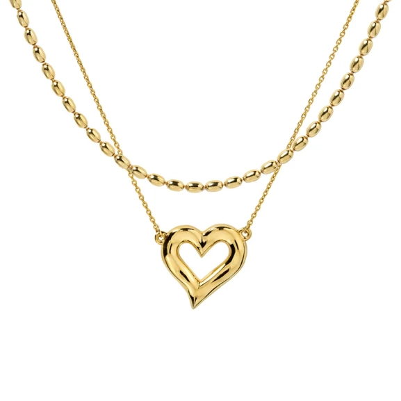 Puff Heart Lunetta Layering Gold halsbandsset i 18K guldpläterat silver med pärlformad kedja och hjärtberlock
