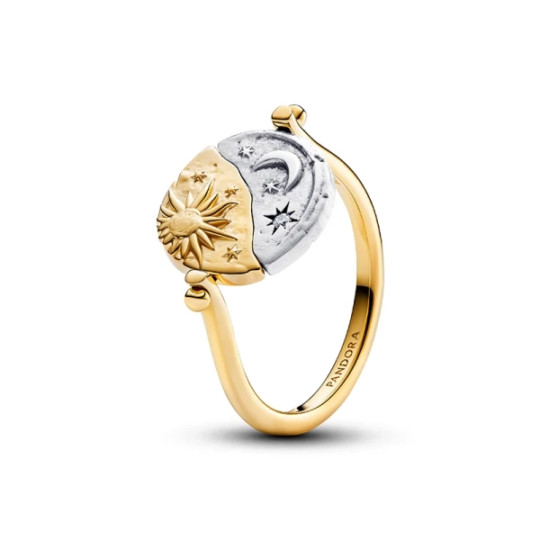 Wendbarer Medaillonring mit Sonne und Mond von Pandora ME in Silber- und Goldplattierung mit Zirkonia und graviertem Text.