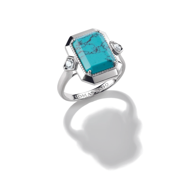 Elyndra cocktailring från Thomas Sabo i silver med åttkantig imiterad turkos och två vita zirkoner på sidorna.