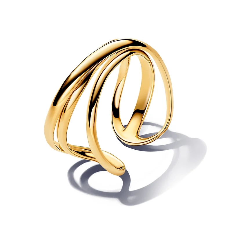 PANDORA – Organiskt formad & Öppen Ring med Tre Band Guld