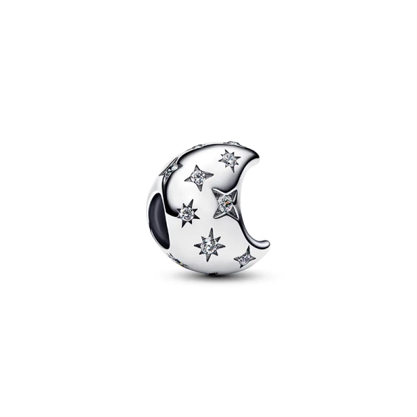 Pandoras Halbmond-Charm aus Sterlingsilber mit funkelnden Steinen und der Aufschrift „THE SKY IS THE LIMIT“. Symbolisiert Potenzial und Möglichkeiten.