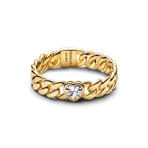 Pandora Timeless Ring mit vergoldetem Herzstein und kubanischer Kette. Verleihen Sie Ihrem Stil mit diesem modernen und eleganten Ring ein kühnes Upgrade.