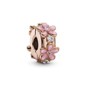 Charm aus 14-karätig rosévergoldetem Metall mit rosa Emaille-Gänseblümchen und kubischen Zirkonia. Silikongriff für sicheren Halt. Breite: 6