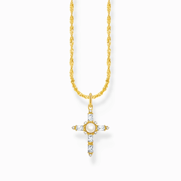 Halsband med Glittrande Kors & Pärla Guld - Thomas Sabo - Snabb leverans & paketinslagning - Nordic Spectra