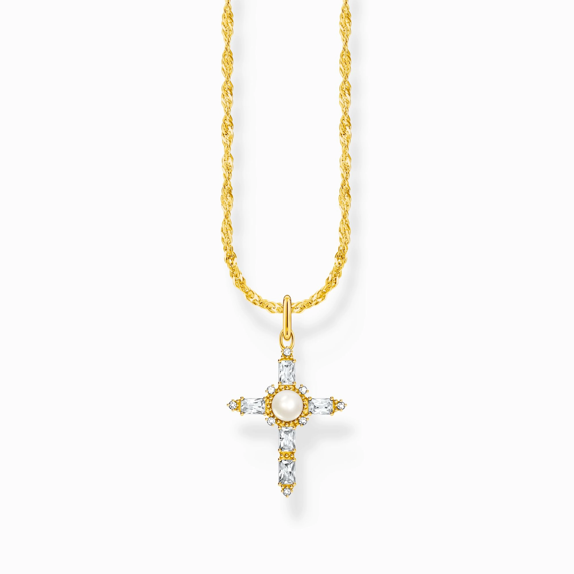 Thomas Sabo – Halsband med Glittrande Kors & Pärla Guld
